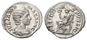 Julia Mamaea, AD 222-235. AR, Denarius. 2.87 g. 20.48 mm. Rome.
Obv: IVLIA MAMAEA AVG. Bust of Julia Mamaea, diademed, draped, right.
Rev: FELICITAS P...