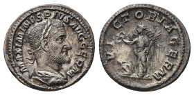 Maximinus I, AD 235-238. AR, Denarius. 2.57 g. 19.27 mm. Rome.
Obv: MAXIMINVS PIVS AVG GERM. Bust of Maximinus I, laureate, draped, cuirassed, right.
...