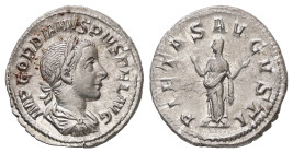 Gordian III, AD 238-244. AR, Denarius. 3.21 g. 19.48 mm. Rome.
Obv: IMP GORDIANVS PIVS FEL AVG. Bust of Gordian III, laureate, draped, cuirassed, righ...