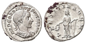 Gordian III, AD 238-244. AR, Denarius. 3.73 g. 19.72 mm. Rome.
Obv: IMP GORDIANVS PIVS FEL AVG. Bust of Gordian III, laureate, draped, cuirassed, righ...