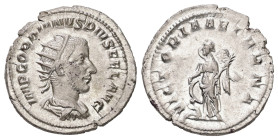 Gordian III, AD 238-244. AR, Antoninianus. 3.97 g. 22.80 mm. Rome.
Obv: IMP GORDIANVS PIVS FEL AVG. Bust of Gordian III, radiate, draped, cuirassed, r...