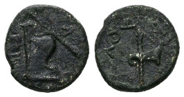Kings of Thrace. Rhoemetalkes I, with Augustus, Circa 11 BC-AD 12. AE. 2.35 g. 14.26 mm.
Obv: ΣΕΒΑΣΤΟΥ. Fasces
Rev: ΒΑ ΡΟΙΜΗΤΑΛΚΟΥ. Sella curulis and ...