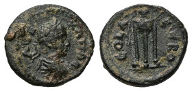 Troas, Alexandria. Caracalla, AD 198-217. AE, Quadrans. 2.35 g. 15.62 mm. 
Obv: Laureate, draped and cuirassed bust of Caracalla, right.
Rev: COL AVG ...