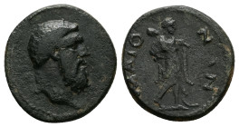 Lydia, Maeonia. Pseudo-autonomous. AE. 4.60 g. 20.44 mm.
Obv: Head of Heracles, bearded, right.
Rev: ΜΑΙΟΝΩΝ. Nude Omphale advancing, right, wearing l...