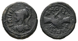 Phrygia, Amorium. Pseudo-autonomous, c. AD 160-220. AE. 3.22 g. 17.27 mm.
Obv: PΩMH. Helmeted head of Roma right.
Rev: AMOPIANΩN. Clasped hands.
Cf. B...