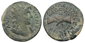 Phrygia, Hierapolis. Pseudo-autonomous, time of Philip I. AE. 5.62 g. 23.18 mm.
Obv: ΛΑΙΡΒΗΝΟϹ. Radiate and draped bust of Apollo Lairbenos, right.
Re...