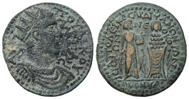 Phrygia, Hierapolis. Valerian I, AD 253-260. AE. 12.45 g. 31.07 mm. Homonoia with Sardis.
Obv: AY K ΠOY ΛIK OYAΛEΡIANOC. Radiate, draped and cuirasse...