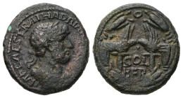 Phoenicia, Berytus. Hadrian, c. AD 128/38. AE. 9.88 g. 23.39 mm.
Obv: IMP CAES TRAI HADRIA[NVS AVG]. Laureate bust of Hadrian, draped and cuirassed, r...