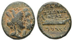 Phoenicia, Sidon. Pseudo-autonomous, 44/43 BC. AE. 8.37 g. 21.50 mm.
Obv: Head of Zeus and Tyche jugate, right.
Rev: ΣΙΔΩΝΟΣ ΘΕΑΣ, [L ΗΞ]. Galley, l...
