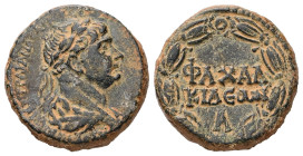 Syria, Chalcis ad Belum. Trajan, AD 98-117. AE. 13.88 g. 24.57 mm.
Obv: Laureate and draped bust of Trajan, right.
Rev: ΦΛ ΧΑΛ/ΚΙΔΕωΝ / Α. Within laur...