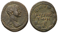 Syria, Cyrrhus. Trajan, AD 98-117. AE. 12.44 g. 26.46 mm.
Obv: Laureate head of Trajan, right.
Rev: ΚΥΡΡΗϹ/ΤωΝ / Β. Laurel-wreath.
Ref: RPC 3440.
Fine...