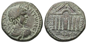 Syria, Dium. Caracalla, AD 198-217. AE. 14.35 g. 26.37 mm. 
Obv: [AV] K M AV ANTΩNEI. Laureate, draped, cuirassed bust of Caracalla, right.
Rev: ΔIEHN...