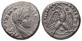 Syria, Antioch. Caracalla, AD 198-217. AR, Tetradrachm. 12.41 g. 25.28 mm.
Obv: ΑΥΤ Κ Μ Α ΑΝΤΩΝЄΙΝΟC CЄΒ. Laureate head of Caracalla, right.
Rev: ΔΗΜΑ...
