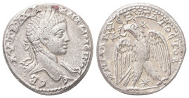 Syria, Antioch. Elagabalus, AD 218-222. AR, Tetradrachm. 14.25 g. 26.55 mm.
Obv: ΑΥΤ Κ Μ Α ΑΝΤωΝΕΙΝΟϹ ϹΕΒ. Laureate head of Elagabalus, right, with dr...