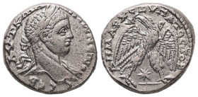 Syria, Antioch. Elagabalus, AD 218-222. AR, Tetradrachm. 14.72 g. 25.62 mm.
Obv: ΑΥΤ Κ Μ Α [ΑΝΤωΝΕΙΝΟϹ] ϹΕΒ. Laureate head of Elagabalus, right, with ...
