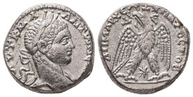 Syria, Antioch. Elagabalus, AD 218-222. AR, Tetradrachm. 13.69 g. 24.37 mm.
Obv: ΑΥΤ Κ Μ Α ΑΝΤωΝΕ[ΙΝΟϹ ϹΕΒ]. Laureate head of Elagabalus, right, with ...