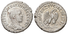 Syria, Antioch. Philip II as Caesar, AD 244-247. AR, Tetradrachm. 10.96 g. 27.14 mm.
Obv: ΜΑΡ ΙΟΥΛΙ ΦΙΛΙΠΠΟϹ ΚΕϹΑΡ. Bare-headed and draped bust of Phi...