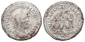 Syria, Antioch. Philip II, AD 247-249. AR, Tetradrachm. 11.00 g. 27.23 mm.
Obv: ΑΥΤΟΚ Κ Μ ΙΟΥΛΙ ΦΙΛΙΠΠΟϹ ϹΕΒ. Radiate, draped and cuirassed bust of Ph...