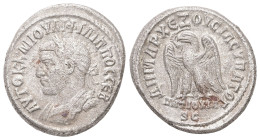 Syria, Antioch. Philip II, AD 247-249. AR, Tetradrachm. 12.50 g. 27.65 mm.
Obv: AΥΤΟΚ Κ Μ ΙΟΥΛΙ ΦΙΛΙΠΠΟϹ ϹΕΒ. Laureate and cuirassed bust of Philip I,...