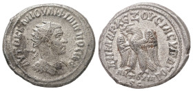 Syria, Antioch. Philip II, AD 247-249. AR, Tetradrachm. 11.38 g. 28.42 mm.
Obv: ΑΥΤΟΚ Κ Μ ΙΟΥΛΙ ΦΙΛΙΠΠΟϹ ϹΕΒ. Radiate, draped and cuirassed bust of Ph...
