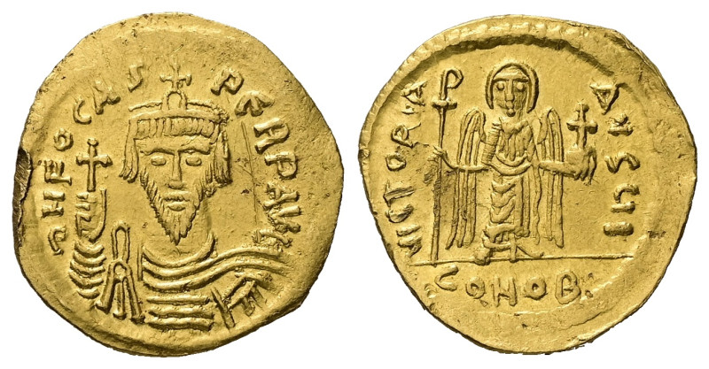 Phocas, AD 602-610. AV, Solidus. 4.35 g. 20.10 mm. Constantinople.
Obv: δNFOCAS-...