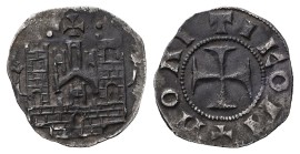John V Palaeologus, Politikon Coinage. AD 1341-1391. Bl, Tornese. 0.87 g. 16.77 mm. Constantinople.
Obv: City walls with four towers; cross between t...