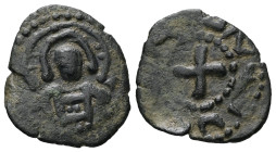 Crusaders. Edessa. Joscelin I de Courtenay or Joscelin II, AD 1119-1150. AE, Follis. 3.83 g. 25.67 mm.
Obv: Nimbate bust of Christ facing, raising hi...