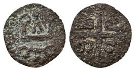 Crusaders, Mytilene (Lordship). Francesco I Gattilusio, AD 1355-1384. Bl, Denaro. 0.37 g. 14.34 mm.
Obv: Castle Tournois.
Rev: Palaeologan tetragramma...