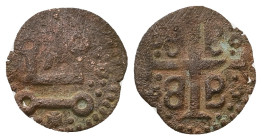 Crusaders, Mytilene (Lordship). Francesco I Gattilusio, AD 1355-1384. Bl, Denaro. 0.51 g. 15.78 mm.
Obv: Castle Tournois.
Rev: Palaeologan tetragramma...