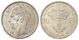 Leopold III, AD 1934-1951. 20 Francs. 11.01 g. 28.03 mm. Belgium. 1935.
Obv: LEOPOLD III / 19 – 35. Bust of Leopold, left.
Rev: ROYAUME DE BELGIQUE KO...