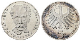 Germany. Albert Schweitzer. AR, 5 Mark. 11.26 g. 29.01 mm. 1975.
Obv:ALBERT SCHWEITZER / 1875-1965. Portrait of the Doctor Albert Schweitzer (1875-196...