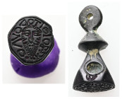 AE Byzantine anonymous stamp seal (AD 7th-9th centuries)
Conical-shaped bronze stamp seal with loop at top for suspension; circular Greek inscription:...