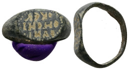 AE Middle Byzantine finger ring (AD 9th – 10th centuries)
Bronze finger-ring; slender hoop and oval bezel engraved with reversed inscription, with dot...