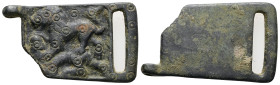 AE Medieval belt-buckle with lion (AD 12th–13th centuries)
Plate from a belt-buckle; bronze; square; in relief, a lion fighting the serpent. Bird’s ey...
