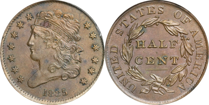1835 Classic Head Half Cent. C-1. Rarity-1. MS-61 BN (ANACS).
PCGS# 1168. NGC I...