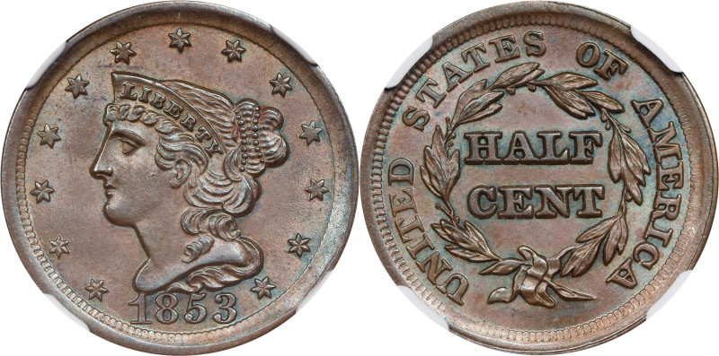 1853 Braided Hair Half Cent. C-1, the only known dies. Rarity-1. MS-65 BN (NGC)....