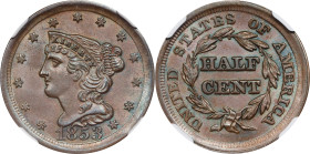 1853 Braided Hair Half Cent. C-1, the only known dies. Rarity-1. MS-65 BN (NGC). CAC.
PCGS# 1227. NGC ID: 26YX.
