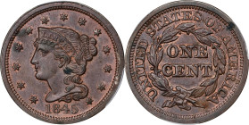 1845 Braided Hair Cent. N-6. Rarity-2. MS-62 BN (PCGS). CAC.
PCGS# 1862. NGC ID: 226B.