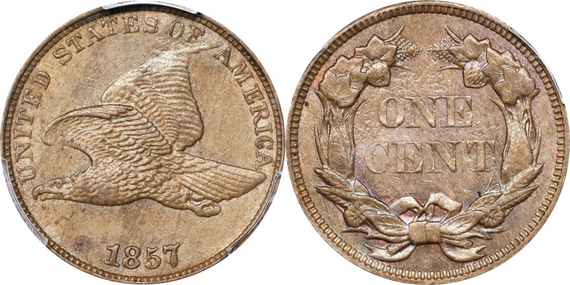 1857 Flying Eagle Cent. AU-58 (PCGS).
PCGS# 2016. NGC ID: 2276.