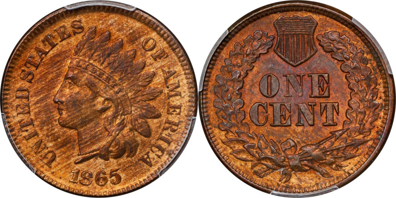1865 Indian Cent. Plain 5. MS-64 RB (PCGS).
PCGS# 92083. NGC ID: 227N.