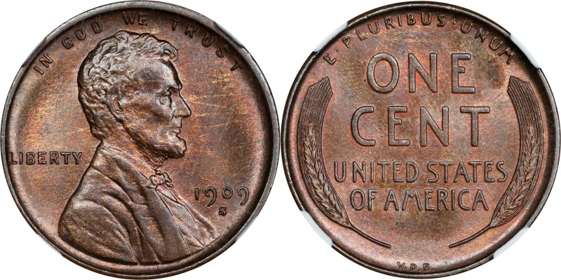 1909-S Lincoln Cent. V.D.B. MS-64 BN (NGC).
PCGS# 2426. NGC ID: 22B2.