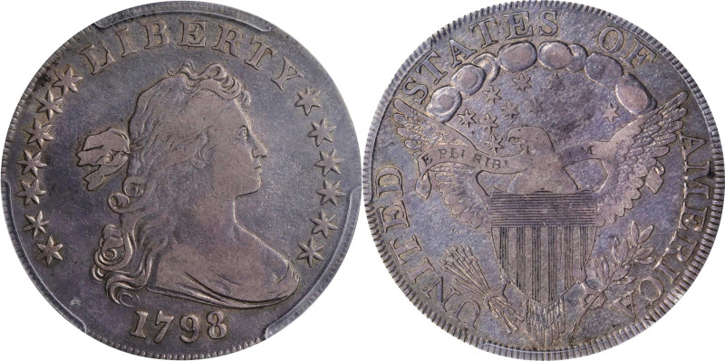 1798 Draped Bust Silver Dollar. Heraldic Eagle. BB-109, B-10. Rarity-5. Pointed ...