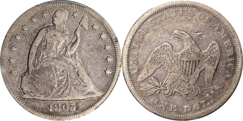 1865 Liberty Seated Silver Dollar. OC-2. Rarity-2. VG-10 (PCGS).
PCGS# 6955. NG...