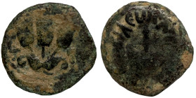 JUDAEA. Herodian Dinasty, Agrippa I, 37-44. Prutah (Bronze, 17.04 mm, 2.63 g) Jerusalem, dated year 6 (= 41-42) B[ACIΛЄωC] [A]ΓΡΙΠΑ Royal canopy with ...