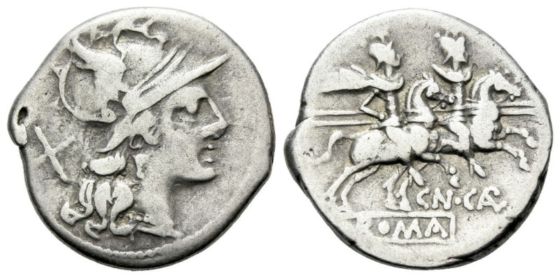 Cn. Calpurnius Denarius circa 189-180, AR 18.00 mm., 3.66 g.
Helmeted head of R...