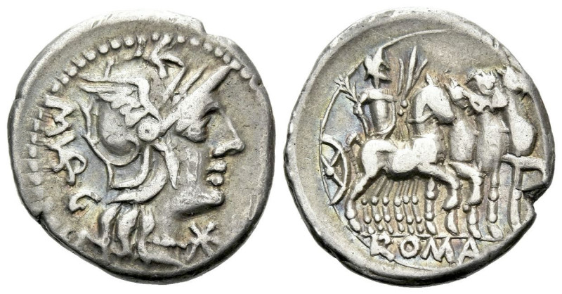 M. Vargunteius. Denarius circa 130, AR 19.50 mm., 3.87 g.
Helmeted head of Roma...