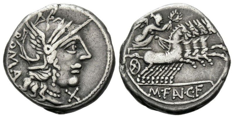 M. Faniuns C.f. Denarius circa 123, AR 18.00 mm., 3.92 g.
Helmeted head of Roma...