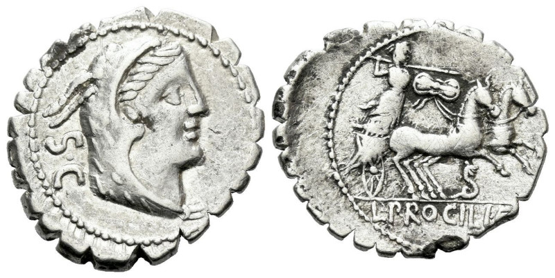 L. Procilius. Denarius serratus circa 80, AR 19.70 mm., 3.86 g.
Head of Juno So...