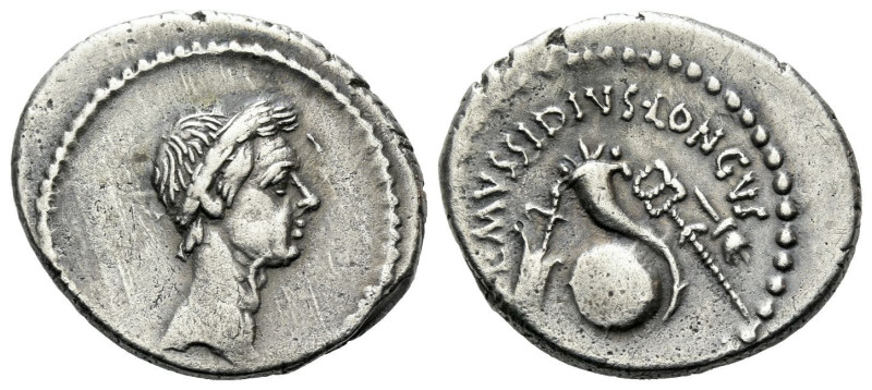 L. Mussidius Longus. Denarius circa 42, AR 19.50 mm., 3.72 g.
Laureate head of ...