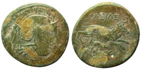 Eastern Europe. Imitations of Lysimachos, circa 200 BC. Ae (bronze, 6.15 g, 20 mm), Uncertain mint. Helmeted head of Athena right. Rev. BAΣΙΛΕΩΣ ΛYΣIM...